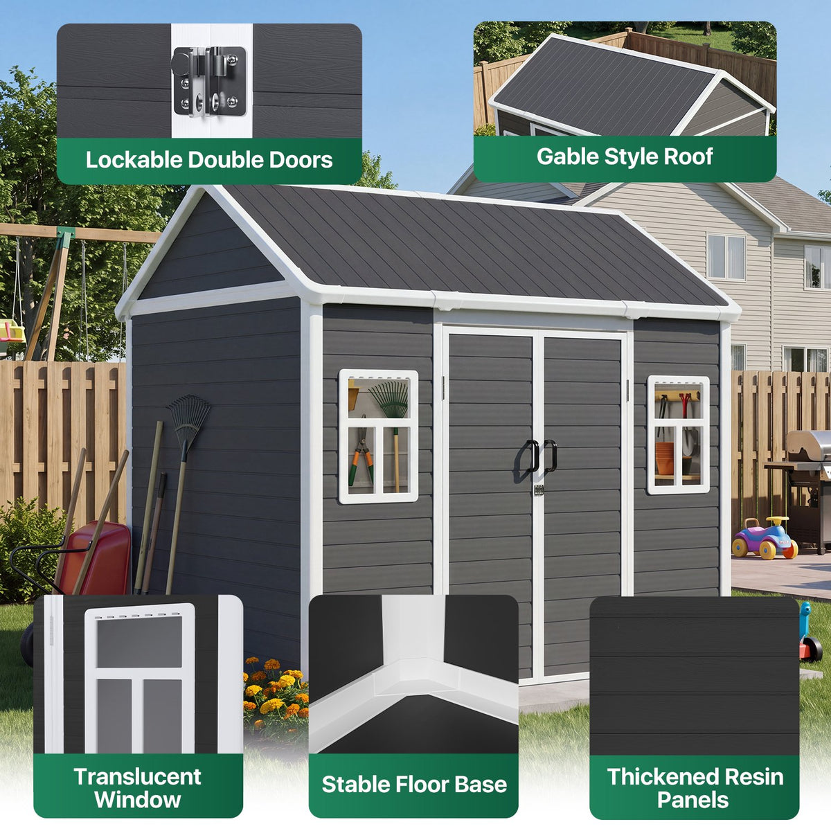 Dateyes 8 x 6 FT Resin Storage Shed, Outdoor Shed with Floor & Window, All-Weather Heavy Duty Plastic Shed for Backyard, Garden, Patio, Black