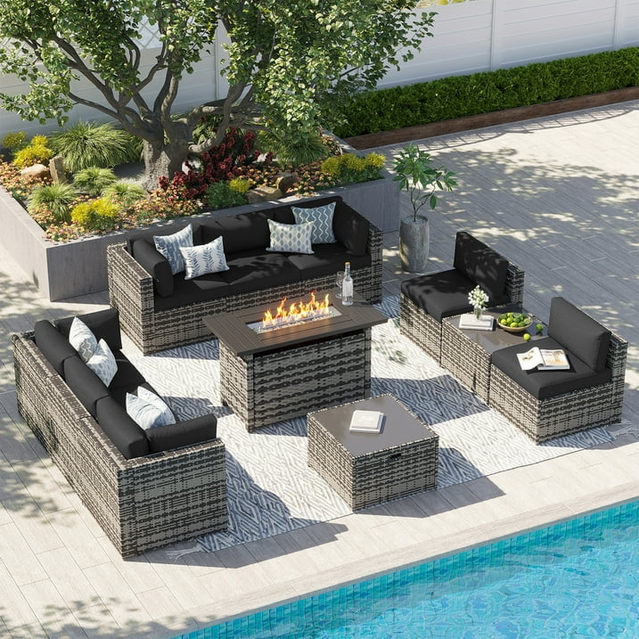 Clouddwell 11 Piece Patio Furniture Set with 44” Fire Pit Table Wicker Rattan Patio Conversation Set Outdoor Sectional Sofa Set with Coffee Table and Black Cushions(Waterproof Cover Included)