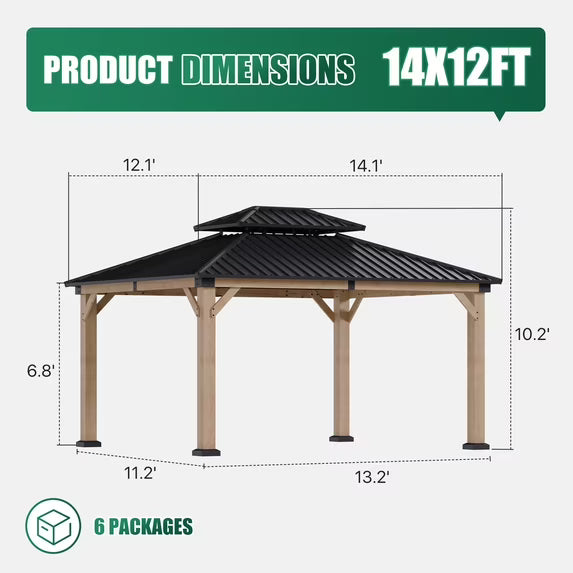 Clouddwell 12' × 14' Cedar Wood Hardtop Gazebo with Ventilated Double-Tier Metal Roof for Outdoor Patio & Backyard