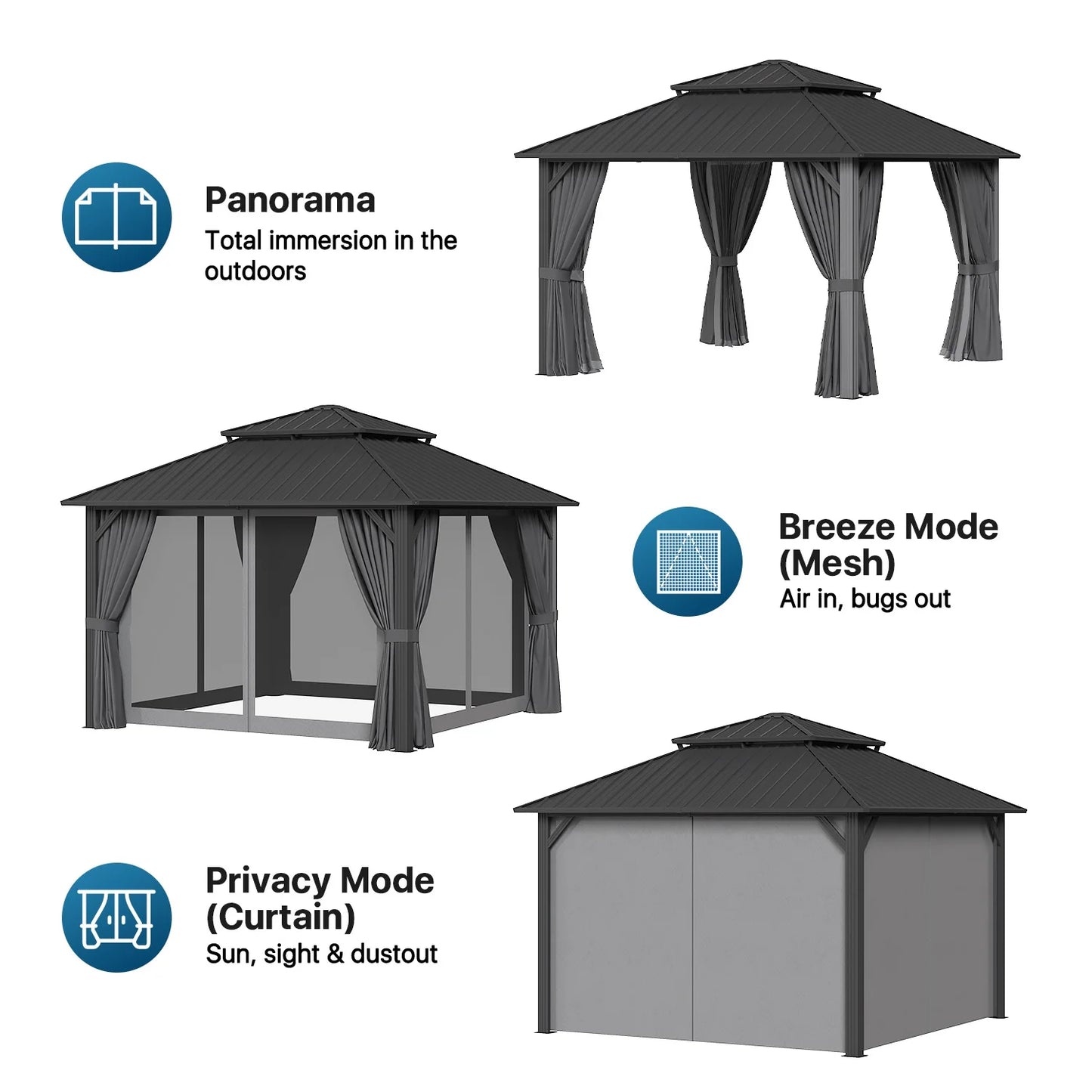 Sunmthink 12' x 12' Hardtop Gazebo with Mosquite Netting, Double Metal Roof for Lawn and Garden, Gray