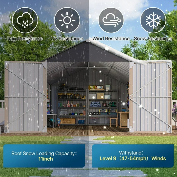 Clouddwell 12 x 20FT Shed Outdoor Storage Shed with Double Hinged Large Door, Extra Large Metal Shed with Lockable Door & Sloped Roof for Garden, Backyard, Patio and Backyard, Brown