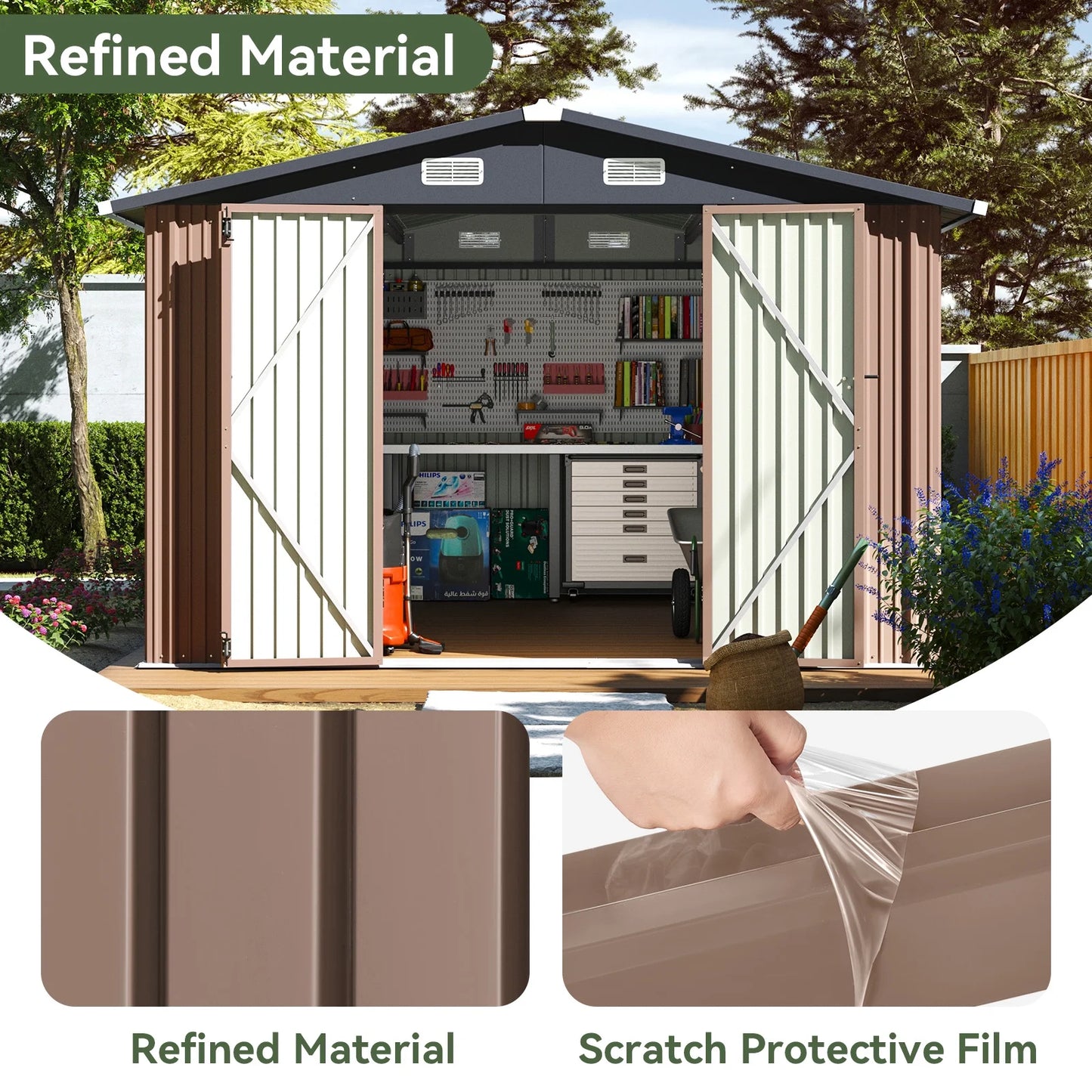 Aoxun 11.9x9.5 ft Outdoor Storage Shed, Galvanized Metal Shed with Lockable Door, Air Vents for Garden, Backyard, Brown