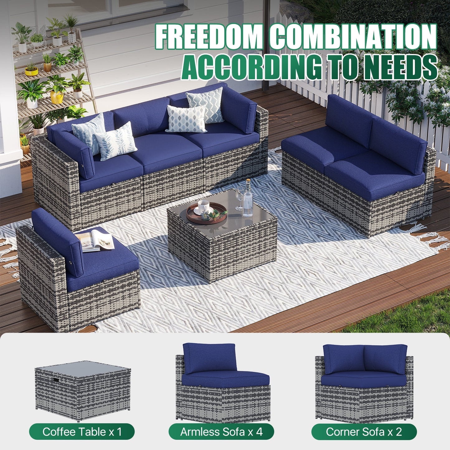Clouddwell 7 Piece Patio Furniture Set Wicker Rattan Patio Conversation Set Outdoor Sectional Sofa Set with Coffee Table and Blue Cushions(Waterproof Cover Included)