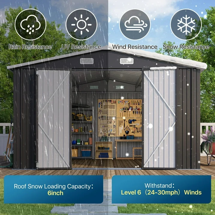 Clouddwell 10 x 12FT Shed Outdoor Storage Shed with Double Hinged Large Door, Large Metal Shed with Lockable Door & Sloped Roof for Garden, Backyard, Patio and Backyard, Black