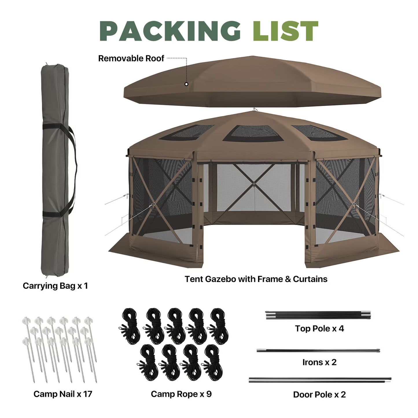 Clouddwell 15'x15' Outdoor Pop Up Gazebo, Screen Tent with Removable Top & Mosquito Netting, Camping Canopy Tent, Waterproof, UV Resistant, Portable Carry Bag, Brown