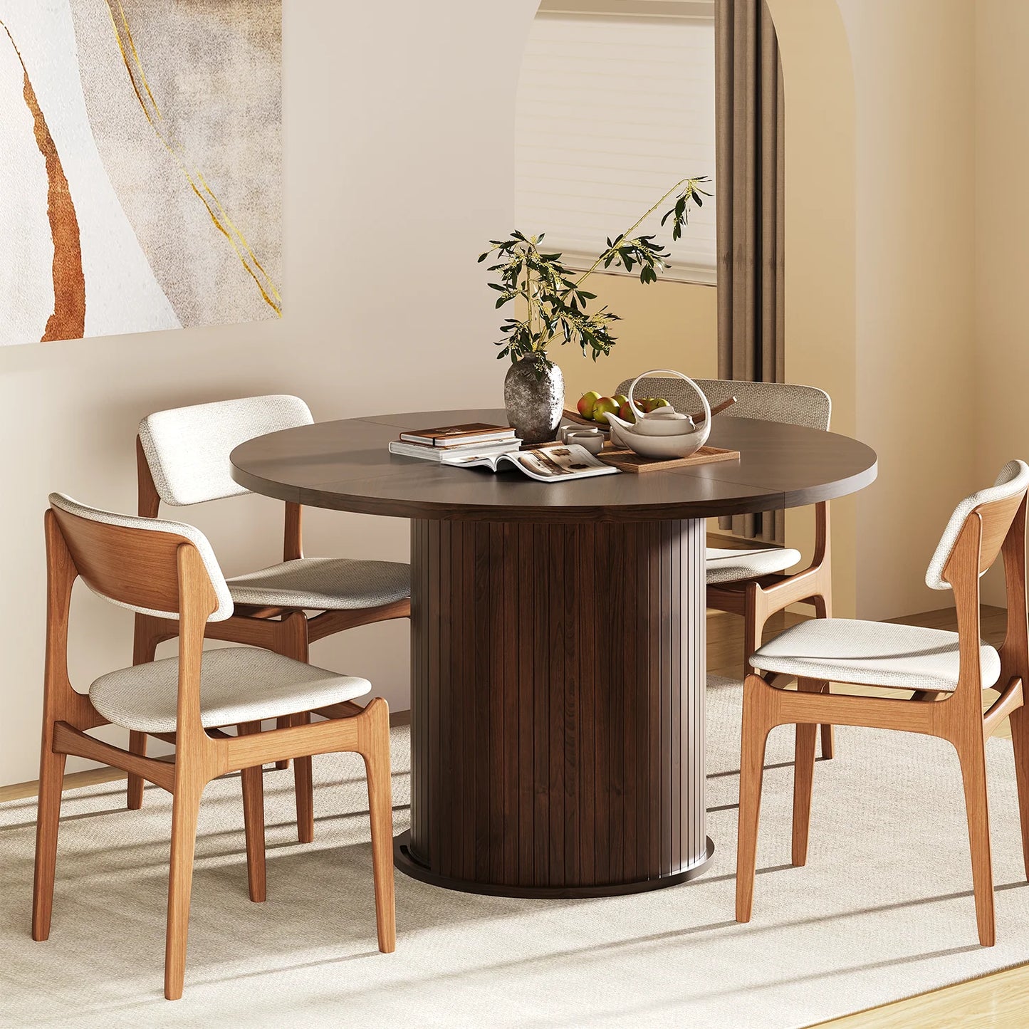 Sonegra 47-inch Round Dining Table with Storage, Modern Fluted Circle Kitchen Table with 2-Layer Storage and Sliding Door, for Kitchen Living Room, Brown
