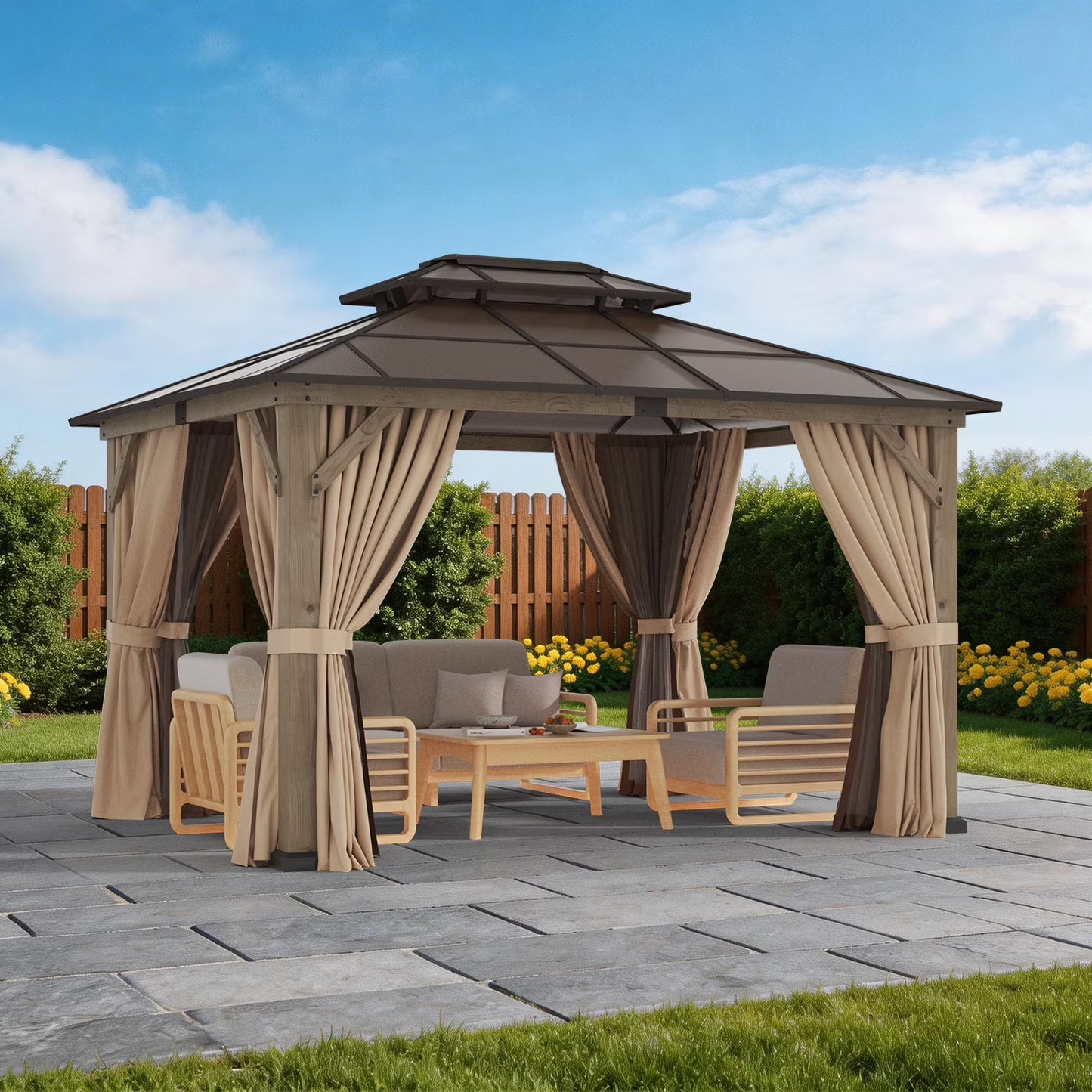 Clouddwell 20'*12' Wood Gazebo,with Double-Layer Galvanized Steel Roof,Suitable for Backyard,Desk,and Lawn