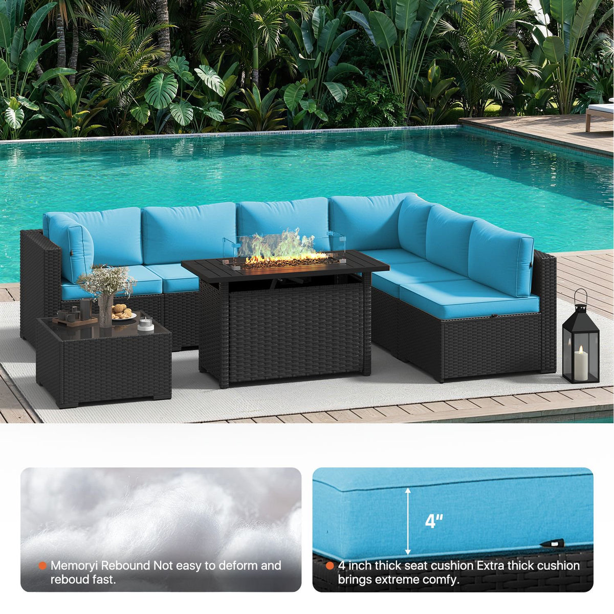 Dateyes 8-Piece Patio Furniture Set with Fire Pit, All-Weather Wicker Rattan Outdoor Sectional Sofa Set with Coffee Table (Blue)