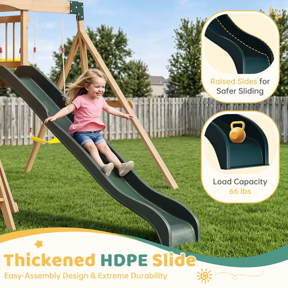 Clouddwell Wooden Swing Sets for Backyard – Outdoor Playset with Wave Slide, Raised Clubhouse, Wooden Bridge, Rock Wall, Belt Swings, Web Swing, Trapeze, Balcony, Climbing Wall & Ladder