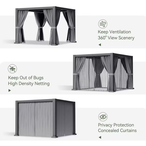 Clouddwell 12' × 14' Adjustable Louvered Pergola, Outdoor Aluminum Pergola with Curtains & Netting for Backyard, Deck & Poolside, Gray