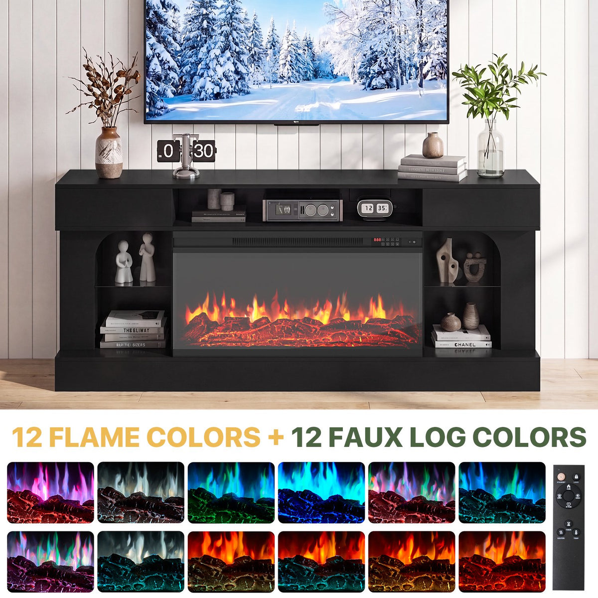 Sonegra 70 Inch Fireplace TV Stand, 3‑Sided Glass Electric Fireplace Media Console Fits Up to 80" TV, Entertainment Center with Shelves & Spacious Storage, LED Flame TV Cabinet for Living Room, Black