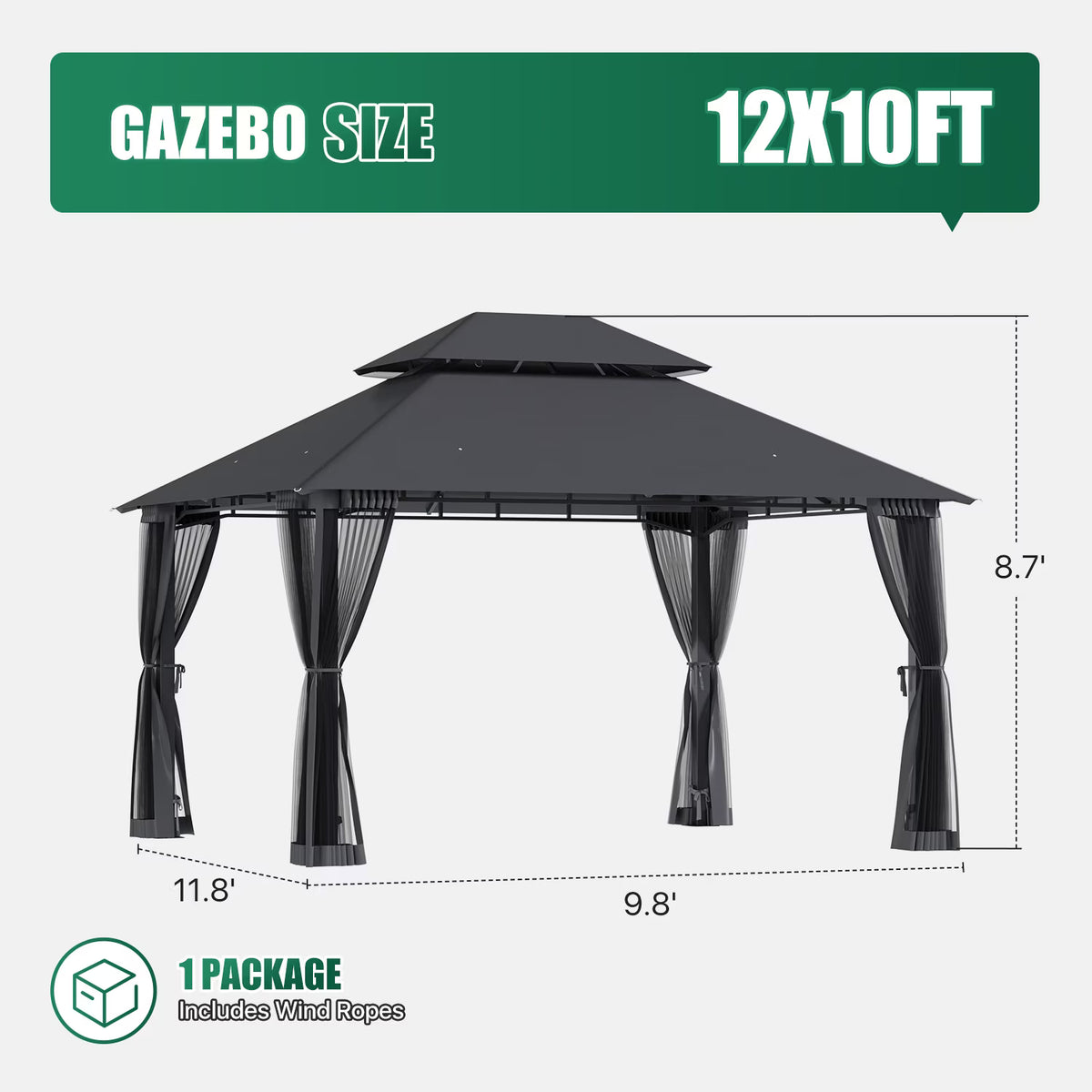 LazySunsets 12'x 10' Patio Gazebo Double Roof Protection All-Weather Outdoor Shelter Features Insect Screens for Backyard, Lawn, (Gray)