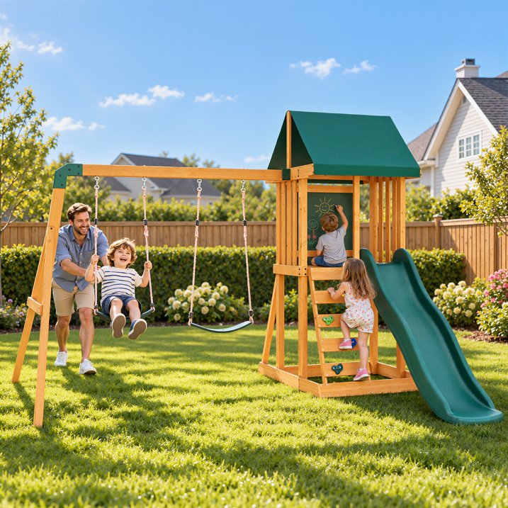 Clouddwell Backyard Wooden Swing Set – Outdoor Playground with Slide, Play Deck, Rock Wall Ladder, Belt Swings & Chalkboard