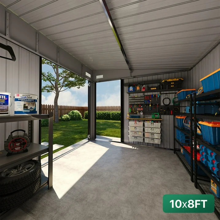 Clouddwell 10ft x 8ft Heavy-Duty Metal Storage Shed with 3 Doors, Lockable Lean-To Design, Weatherproof for Garden & Tools (Black)