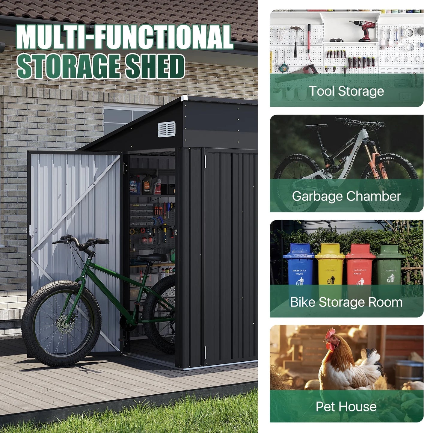 Clouddwell 8ft x 6ft Heavy-Duty Metal Storage Shed with 3 Doors, Lockable Lean-To Design, Weatherproof for Garden & Tools (Black)
