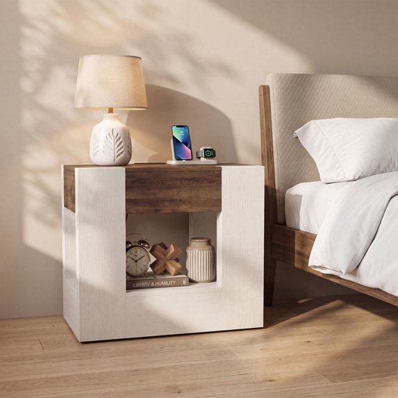 Sonergra Farmhouse End Table with Charging Station, 23” Modern Nightstand Side Table with Drawer and Open Storage, Wood Accent Sofa Side Table for Bedroom Living Room,White
