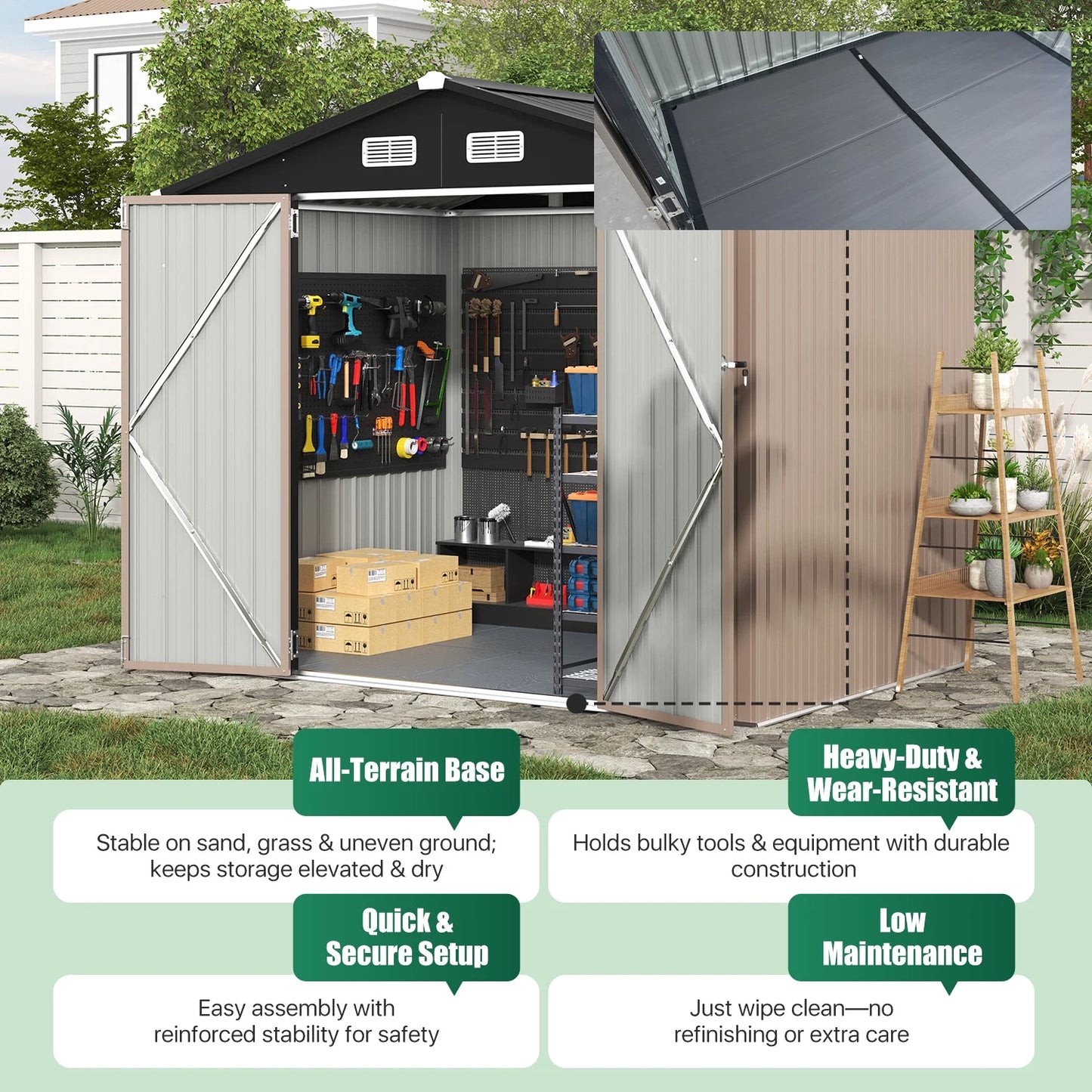 Clouddwell 7.4x5.3ft Galvanized Steel Storage Shed with Floor & Double Doors - Brown