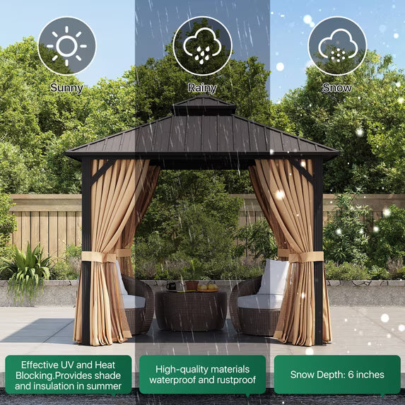 Clouddwell 10' x 10' Gazebo for Patio, Gazebo Pergola with Sloped Roof, Large Wall-Mounted Heavy Duty Awnings, for Deck, Patio and Backyard,Brown