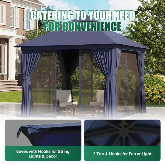 Clouddwell 10'x 10' Patio Gazebo Double Roof Protection All-Weather Outdoor Shelter Features Insect Screens & Privacy Curtains Ideal for Backyard, Lawn, (Blue)