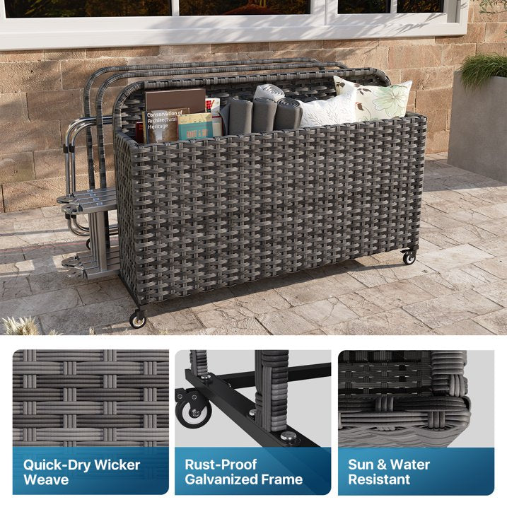 Sunmthink Outdoor Poolside Storage Cart with Wheels, 3-Tier Wicker Towel & Toy Organizer for Pool, Gray