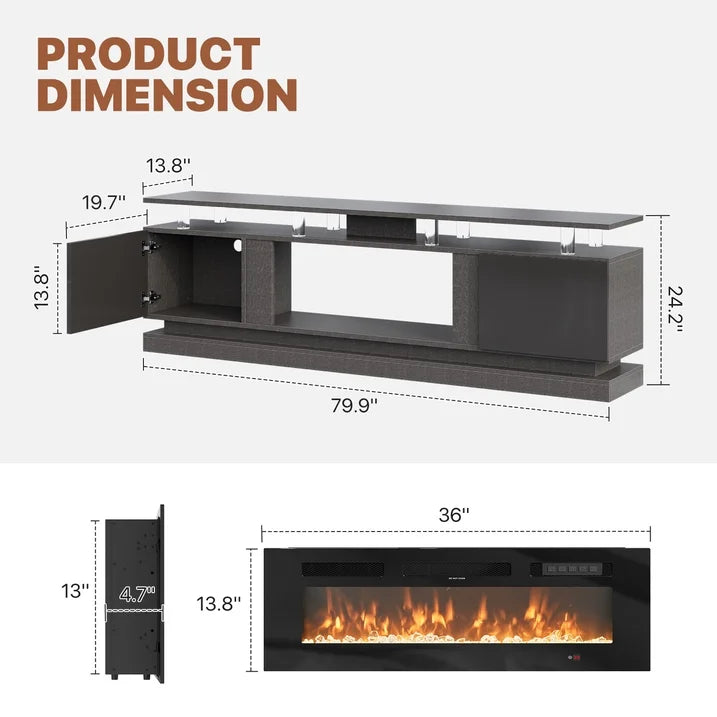 Sonegra Fireplace TV Stand with Electric Fireplace up to 90", Entertainment Center with Fireplace, LED 80" Modern TV Console with Storage for Livingroom, Black