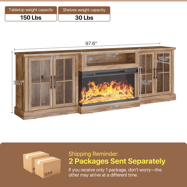 Sonegra 98" Farmhouse TV Stand with Fireplace for TVs up to 100", Media Entertainment Center with Adjustable Shelves and Large Storage Cabinets, for Living Room, Brown