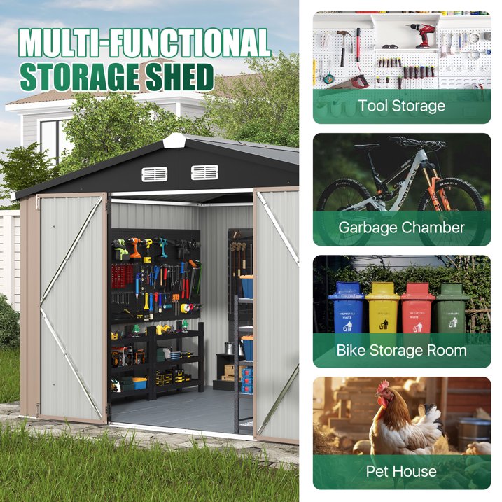Clouddwell 9.5x7.5ft Galvanized Steel Storage Shed with Floor & Double Doors - Brown
