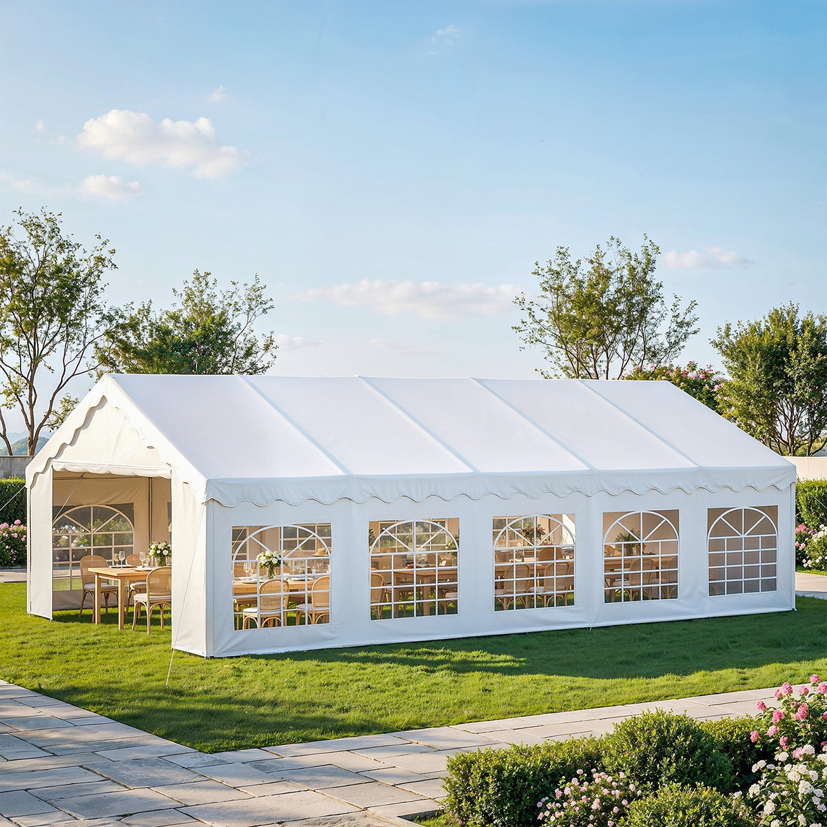 LazySunsets 32*16FT Party Tent, HDPE Heavy Duty Outdoor Awning Tent with Removable Sidewalls & Sandbags, Commercial Grade Big Wedding Tent, Carport, BBQ, UV 50+, Waterproof, White