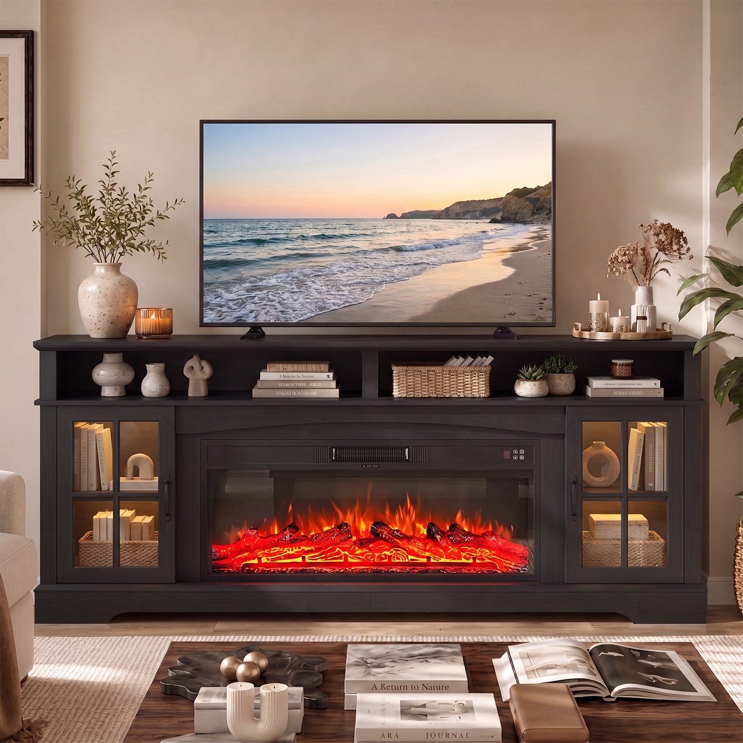 Sonegra Fireplace TV Stand with Glass Door for TVs up to 90", 80" Entertainment Center with Fireplace, Media Console for Living Room, Black