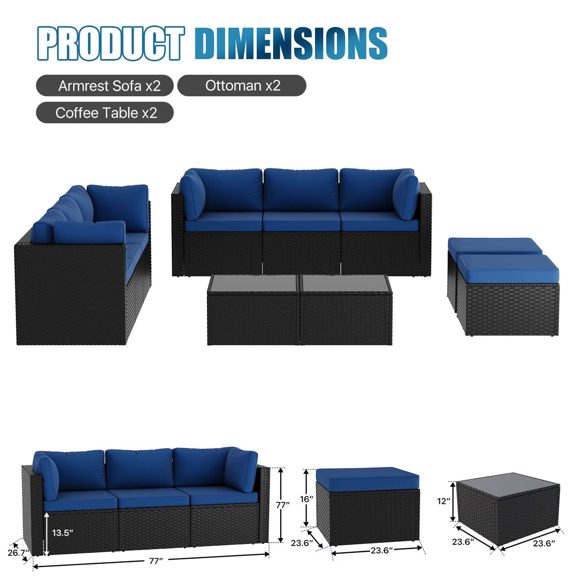 Dateyes 10 Pieces Patio Furniture Set, All-Weather Wicker Rattan Patio Sectional Sofa Set with Coffee Table and Waterproof Cover(Navy Blue)
