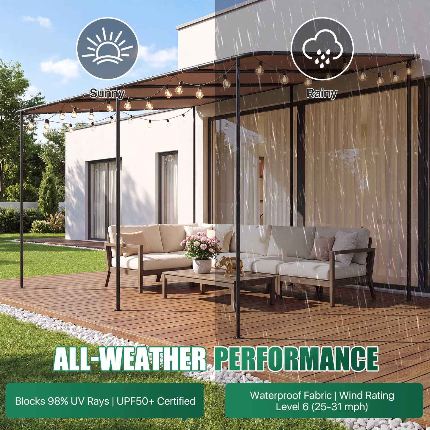 Clouddwell 12×16 FT Wall-Mounted Sloped Roof Outdoor Pergola Canopy, Water-Resistant & UV-Resistant Metal Patio Gazebo for Backyard Garden Porch in Khaki