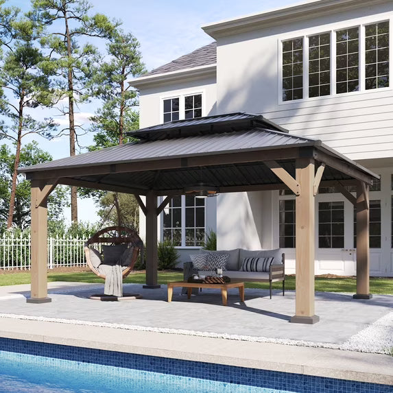 Aoxun 12' x 16' Outdoor Wood Gazebo, Hardtop Gazebo Permanent Wooden Pavilion with Galvanized Steel Double Roof, for Patio, Garden, Backyard, Cedar Wood