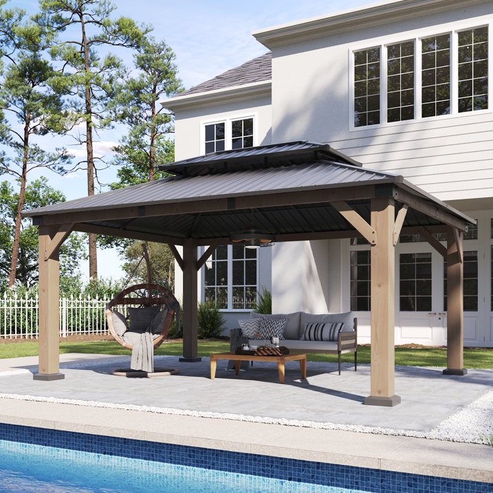 Aoxun 12' x 16' Outdoor Wood Gazebo, Hardtop Gazebo Permanent Wooden Pavilion with Galvanized Steel Double Roof, for Patio, Garden, Backyard, Cedar Wood