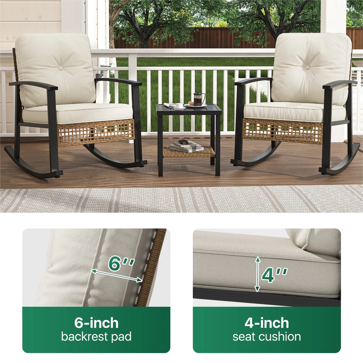 Clouddwell 3-Piece Patio Furniture Set,Steel Rocking Chair with Comfortable Cushions and Coffee Table.for Garden,Yard off-White