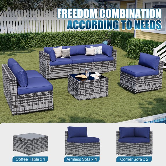 Sunmthink Patio Furniture Sets, 7-Piece Outdoor Patio Furniture with Thick Cushions, Wicker Outdoor Conversation Set and Waterproof Cover for Backyard, Poolside, Garden
