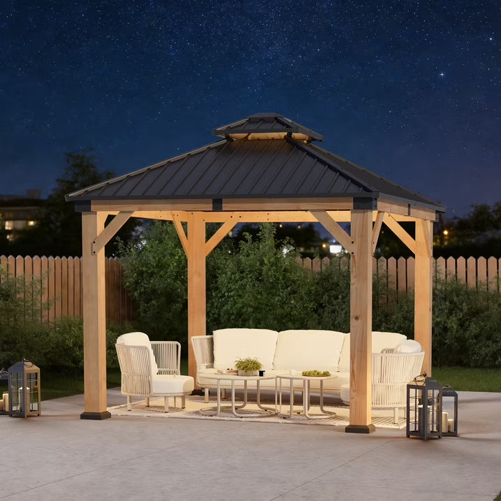 Clouddwell 10*10FT Upgraded Cedar Gazebo,Cedar Hard Roof Gazebo,with Double-Layer Galvanized Steel Roof,Suitable for Backyard,Desk,and Lawn