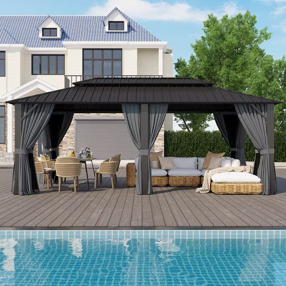 Dateyes 12' x 20' Hardtop Gazebo with Double Roof, Outdoor Gazebo for Patio, Lawn and Garden, Includes Netting and Curtains, Gray