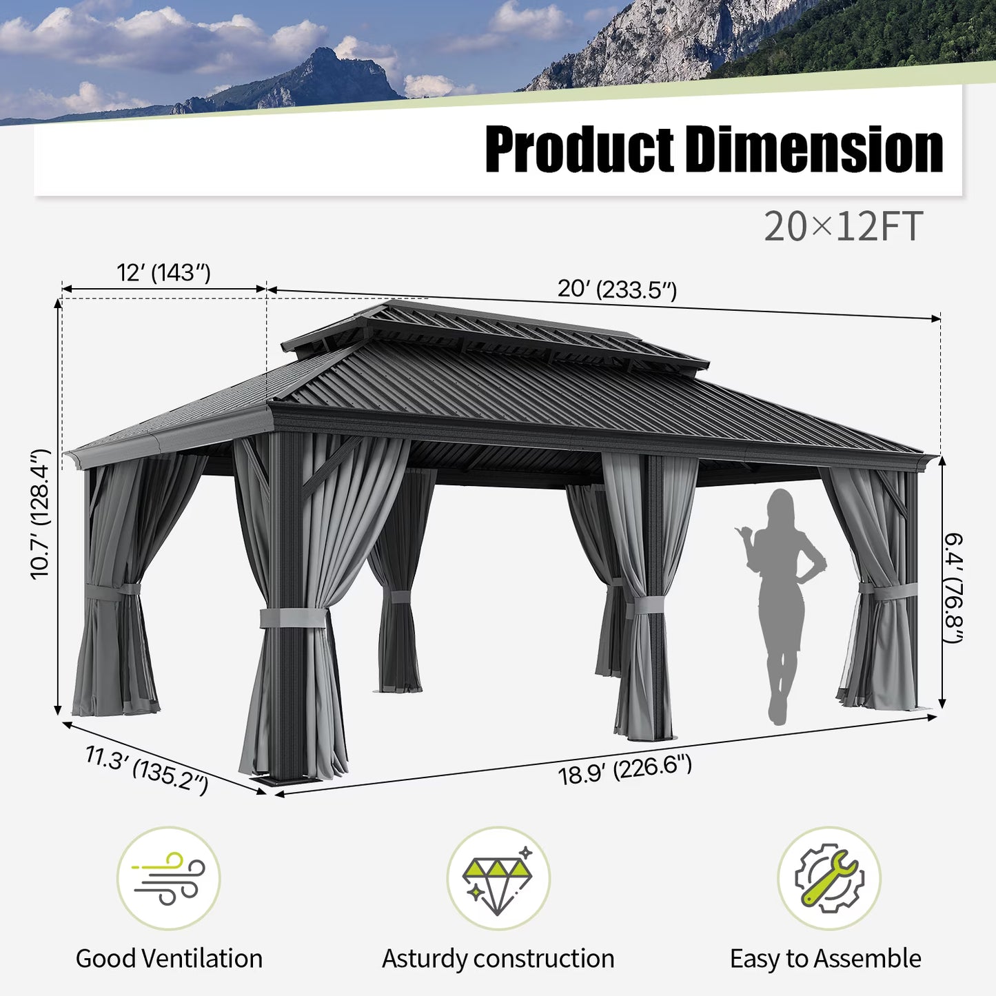 Clouddwell 12' x 20' Hardtop Gazebo with Double Roof, Aluminum Frame Outdoor Patio Gazebo with Netting & Curtains, Metal Roof Canopy with Built-in Drainage System