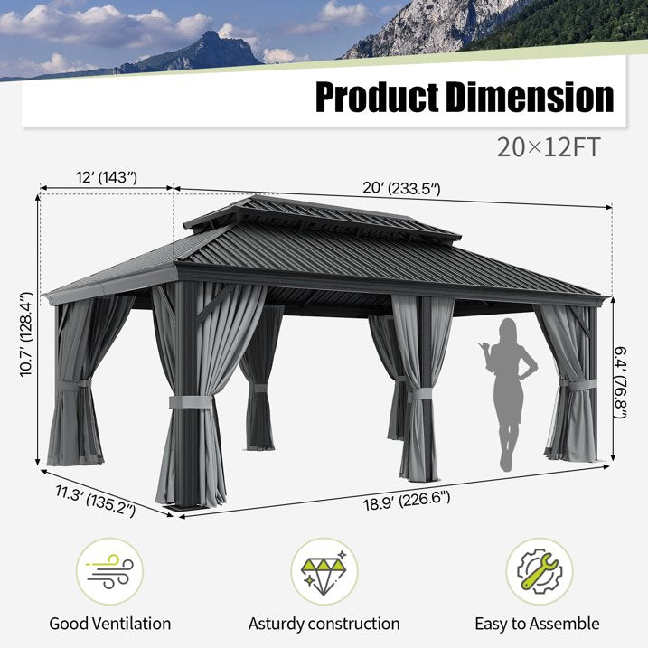 Clouddwell 12' x 20' Hardtop Gazebo with Double Roof, Aluminum Frame Outdoor Patio Gazebo with Netting & Curtains, Metal Roof Canopy with Built-in Drainage System