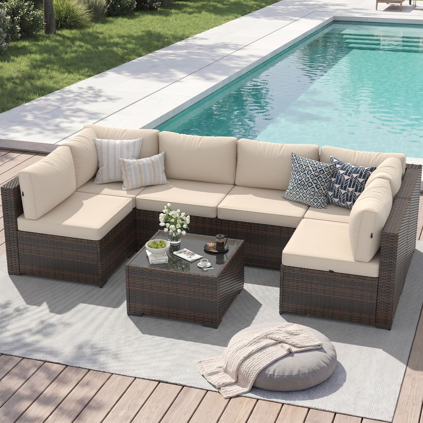 Sunmthink 7-Piece Wicker Patio Furniture Sets, Outdoor Conversation Set with 4 Inches Thick Cushions and Waterproof Cover