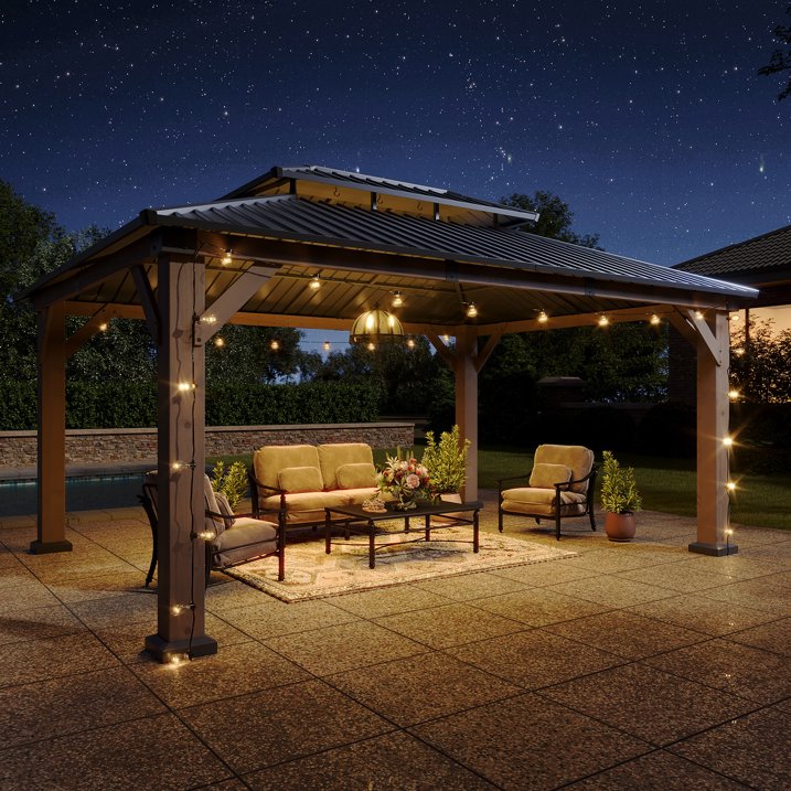 Aoxun 12' x 16' Outdoor Wood Gazebo, Hardtop Gazebo Permanent Wooden Pavilion with Galvanized Steel Double Roof, for Patio, Garden, Backyard, Cedar Wood
