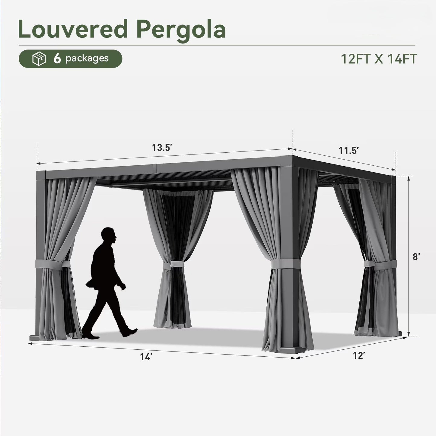 Sunmthink 12' x 14' Louvered Pergola, Outdoor Aluminum Pergola with Curtains & Netting for Decks, Gardens and Backyards, Gray