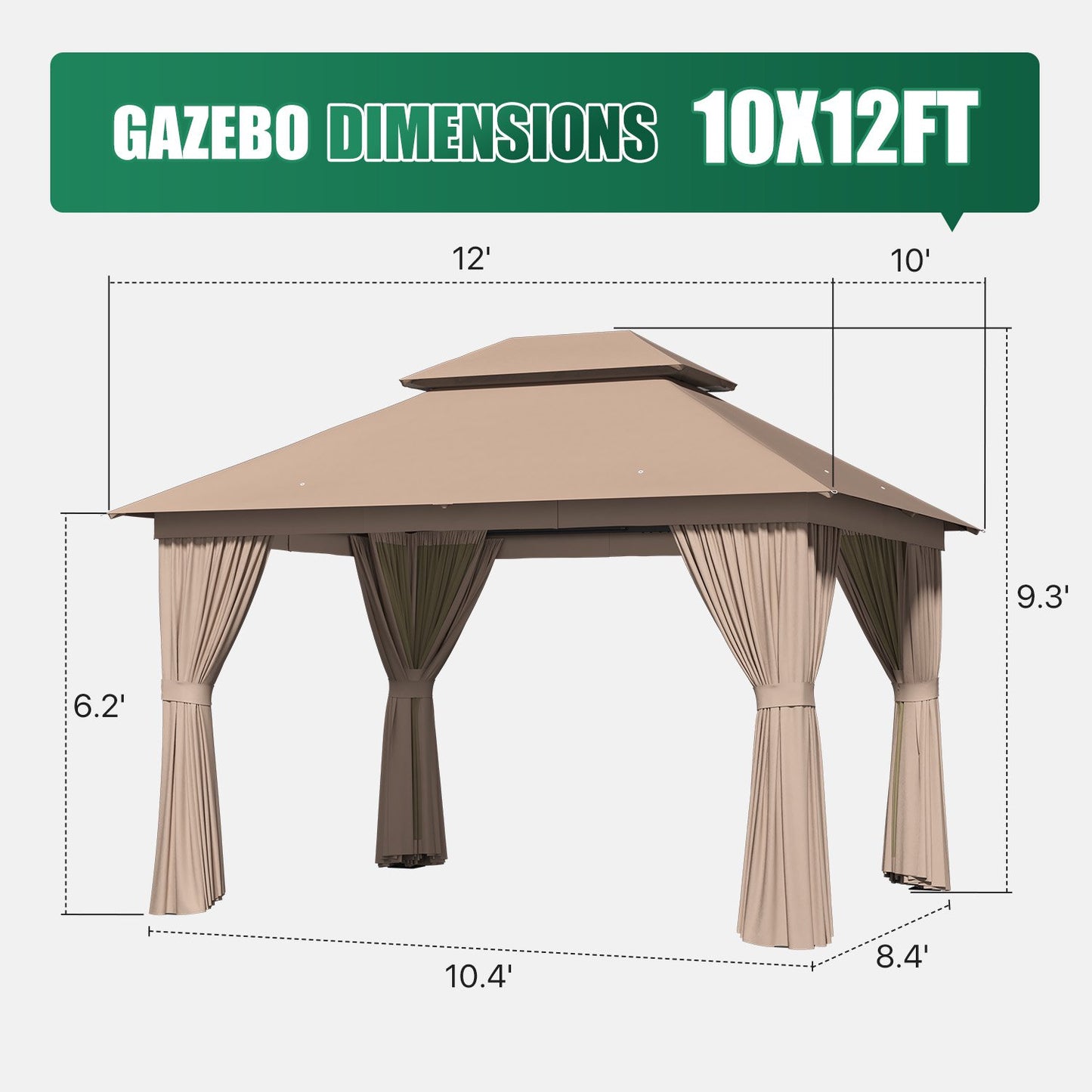 Clouddwell 10'x12' Patio Gazebo Double Roof Protection All-Weather Outdoor Shelter Features Insect Screens & Privacy Curtains Ideal for Backyard, Lawn, or Deck Events (Beige)