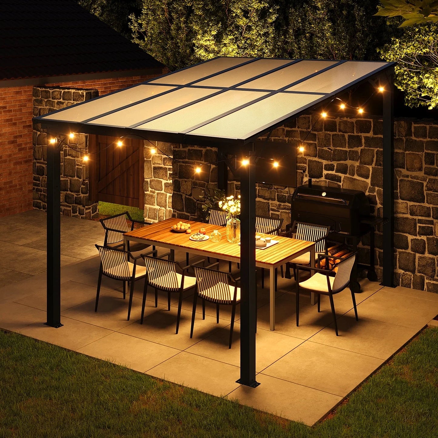 Sunmthink Outdoor Hardtop Gazebo for Patio 10' x 8', Small Wall-Mounted Lean to Gazebo Pergola with Roof