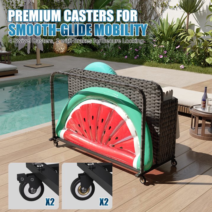 Sunmthink Outdoor Poolside Storage Cart with Wheels, 2-Tier Wicker Towel & Toy Organizer for Pool, Gray