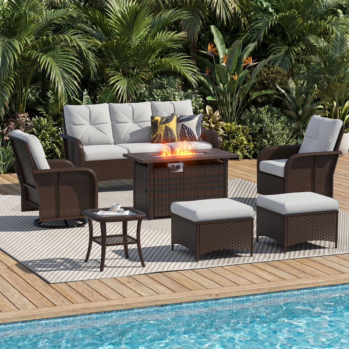 Sunmthink 7-Piece Patio Furniture Set, High Back Swivel Rocker Chairs with Thick Cushions, Wicker Rattan Outdoor Sectional Sofa with Fire Pit & Ottoman, Light Grey
