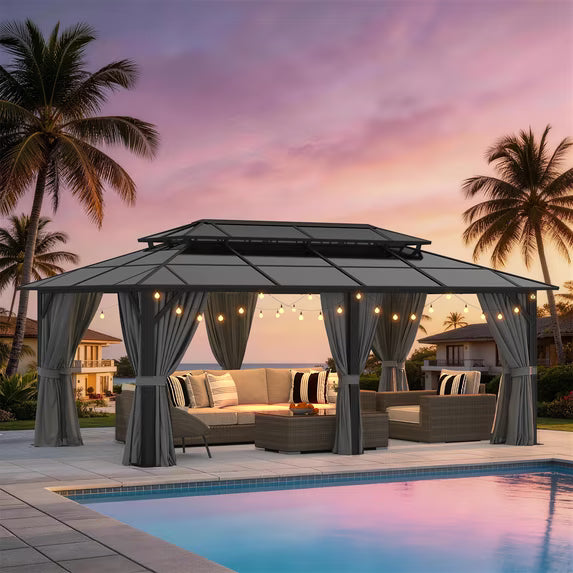 Sunmthink 12' x 20' Hardtop Gazebo,Polycarbonate Double Roof,Aluminum Frame with Curtains and Netting for Patio,Garden,Gray