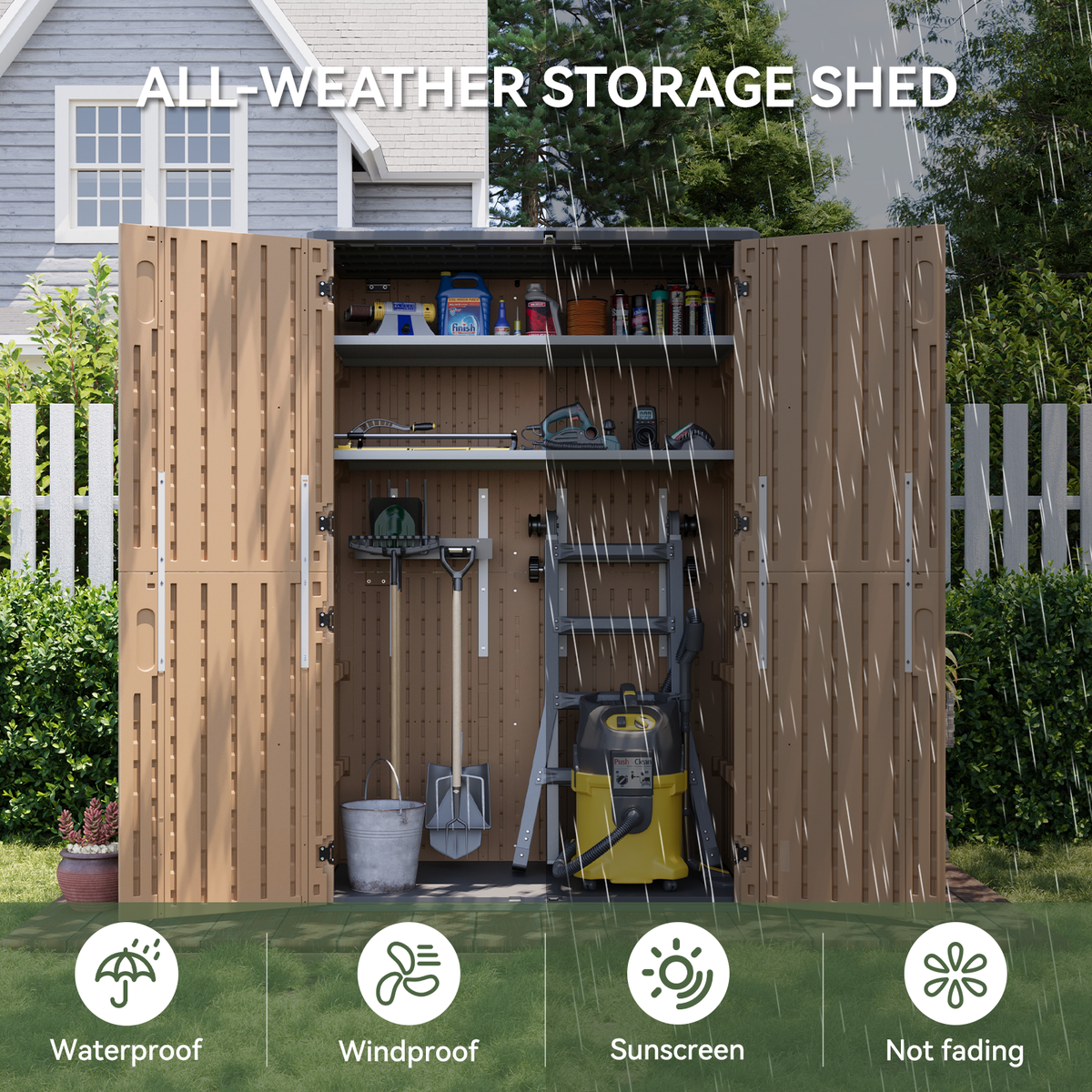 Dateyes 4.5X2.5 FT Resin Outdoor Storage Shed, 64 Cu.ft Waterproof Plastic Storage Sheds with Floor, Weather-Resistant Vertical Outdoor Storage Cabinet with Lockable Doors, Brown
