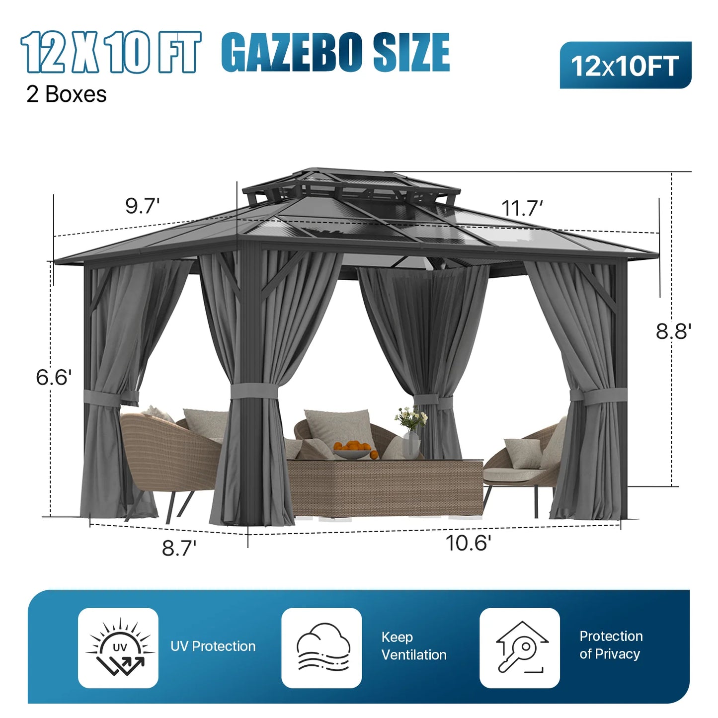 Sunmthink 10' x 12' Hardtop Gazebo,Polycarbonate Double Roof,Aluminum Frame with Curtains and Netting for Patio,Garden,Gray