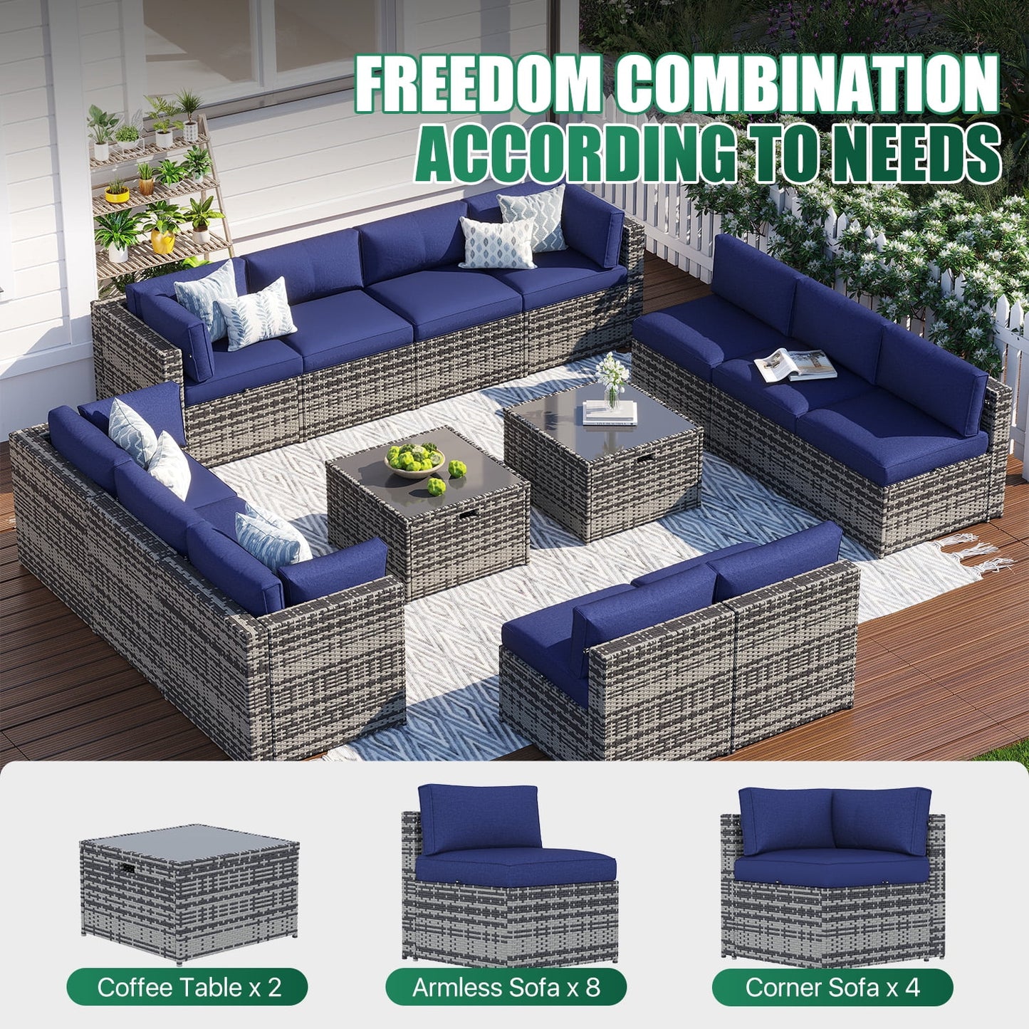 Clouddwell 14 Piece Patio Furniture Set Wicker Rattan Patio Conversation Set Outdoor Sectional Sofa Set with Coffee Table and Blue Cushions(Waterproof Cover Included)